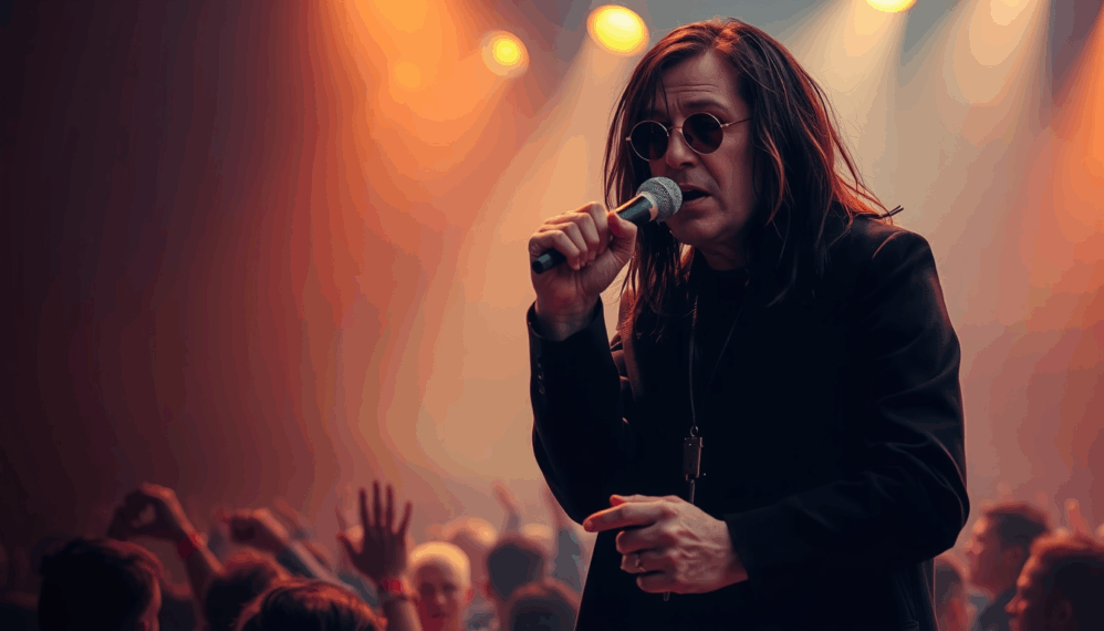 Cinematic digital painting of Ozzy Osbourne during a live performance