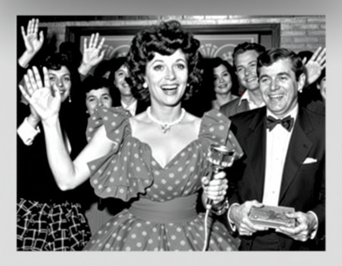 a woman in a dress holding a trophy