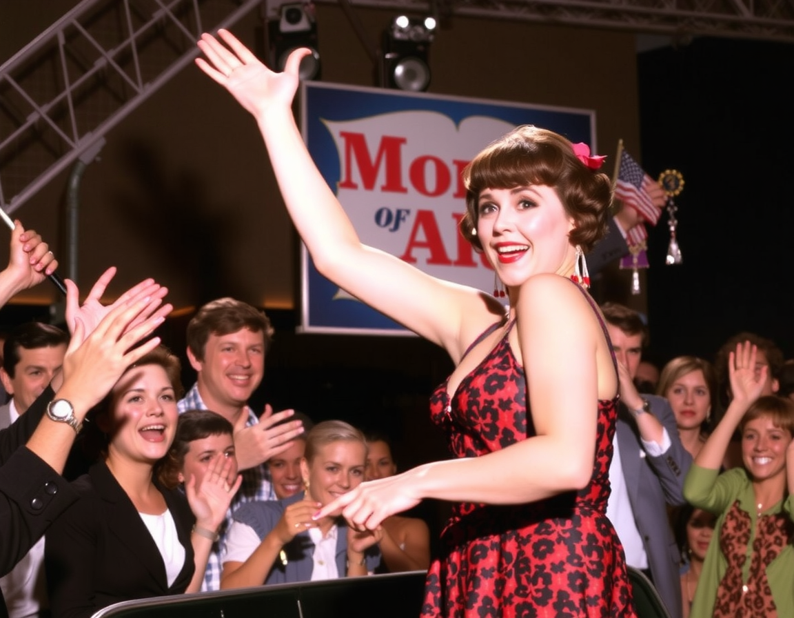 a woman in a dress holding a trophy